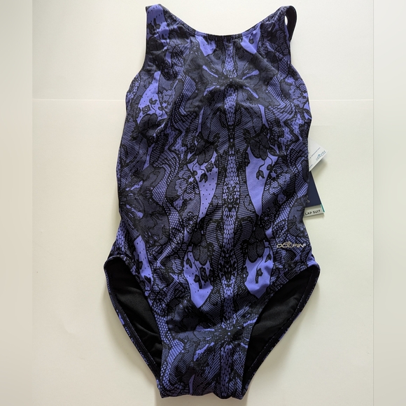 DOLFIN Women's Purple Lacey Round Neck One Piece Swimsuit, Size 8 - Picture 2 of 5